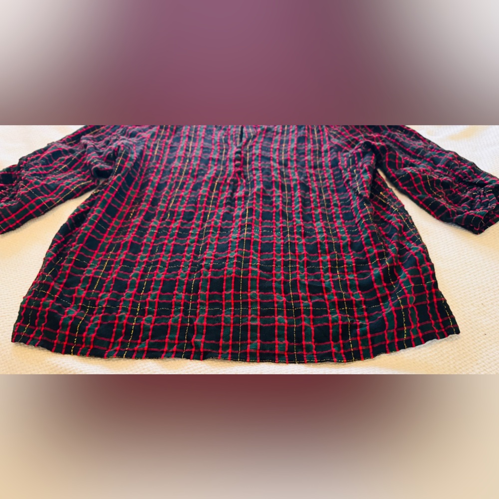 LOFT Black Red Green Gold Plaid V-Neck Blouse Puff Sleeve Top Women’s Shirt - Picture 9 of 16